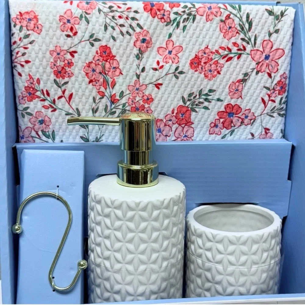 Draper James 15-Piece Bath Set Pink Floral Shower Curtain Soap Dispenser Tumbler